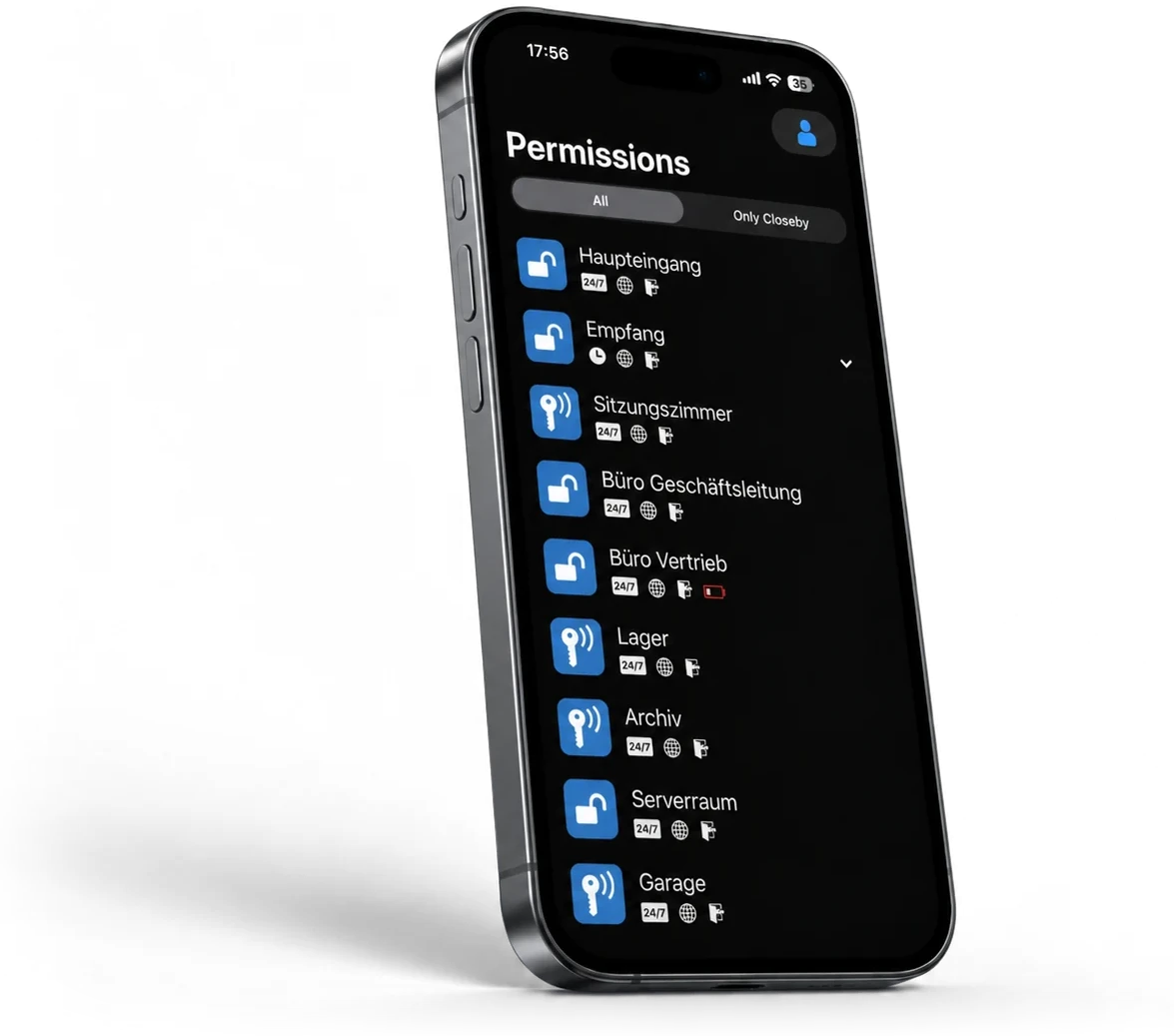 KleverKey App auf dem Smartphone: Liste der Berechtigungen