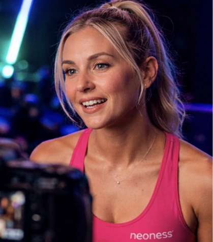Femme blonde souriante portant un débardeur rose avec le logo 'neoness' lors d'une séance photo en intérieur.