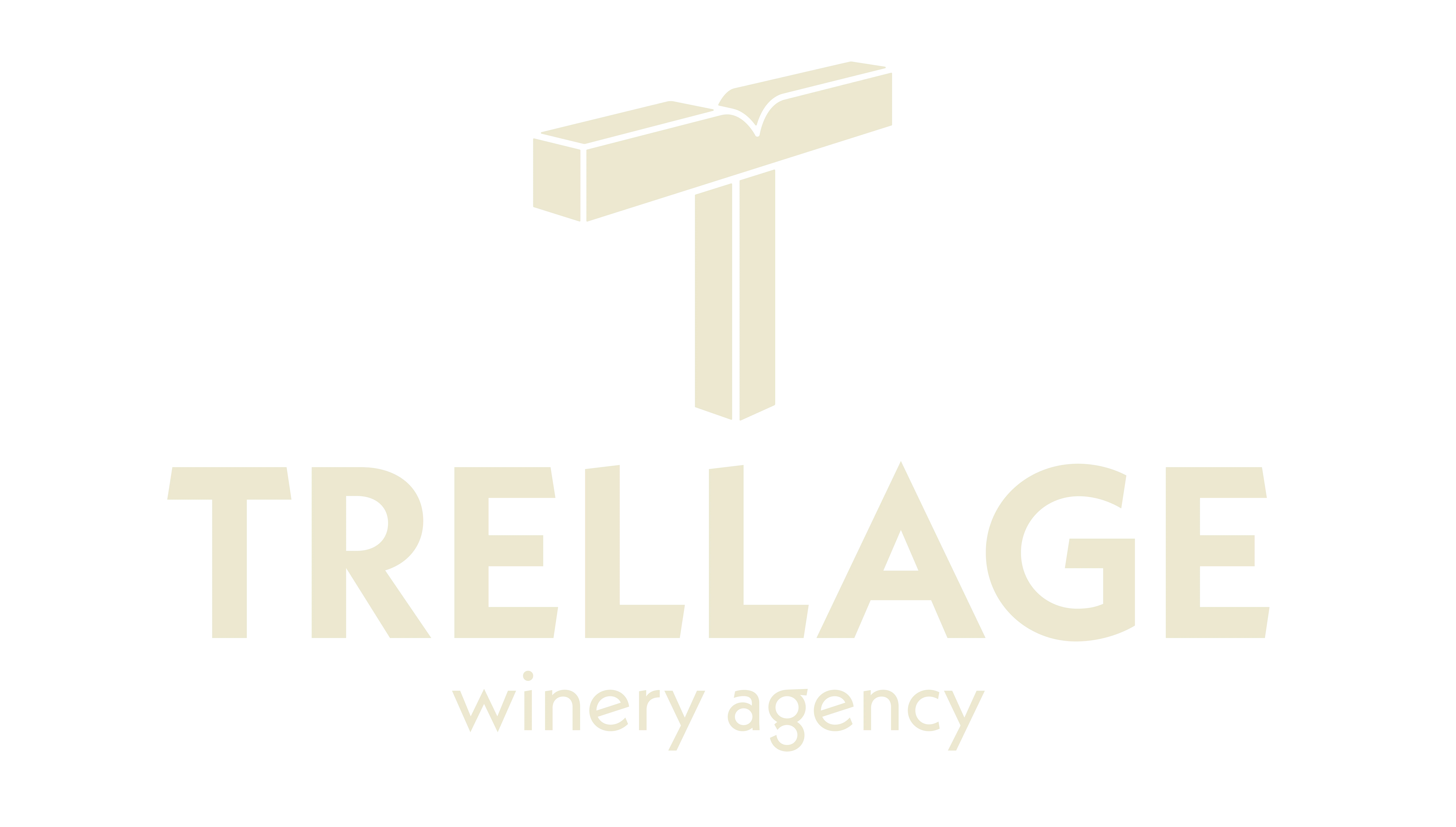 Trellage winery agency logo with stylized T made of two beams forming an open book shape above the text.