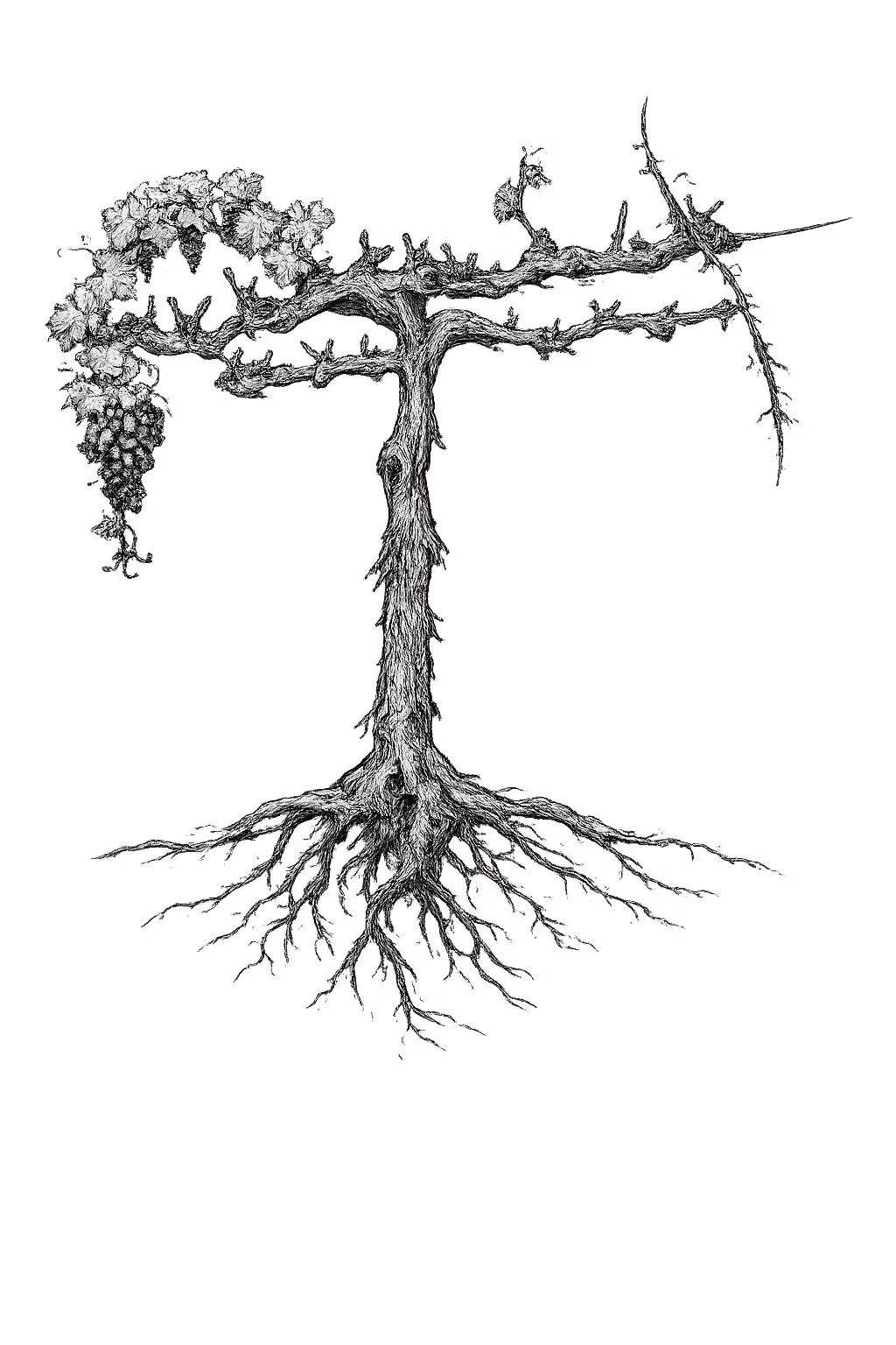 Detailed black and white illustration of a grapevine with leaves, a cluster of grapes, and exposed roots on a gray background.