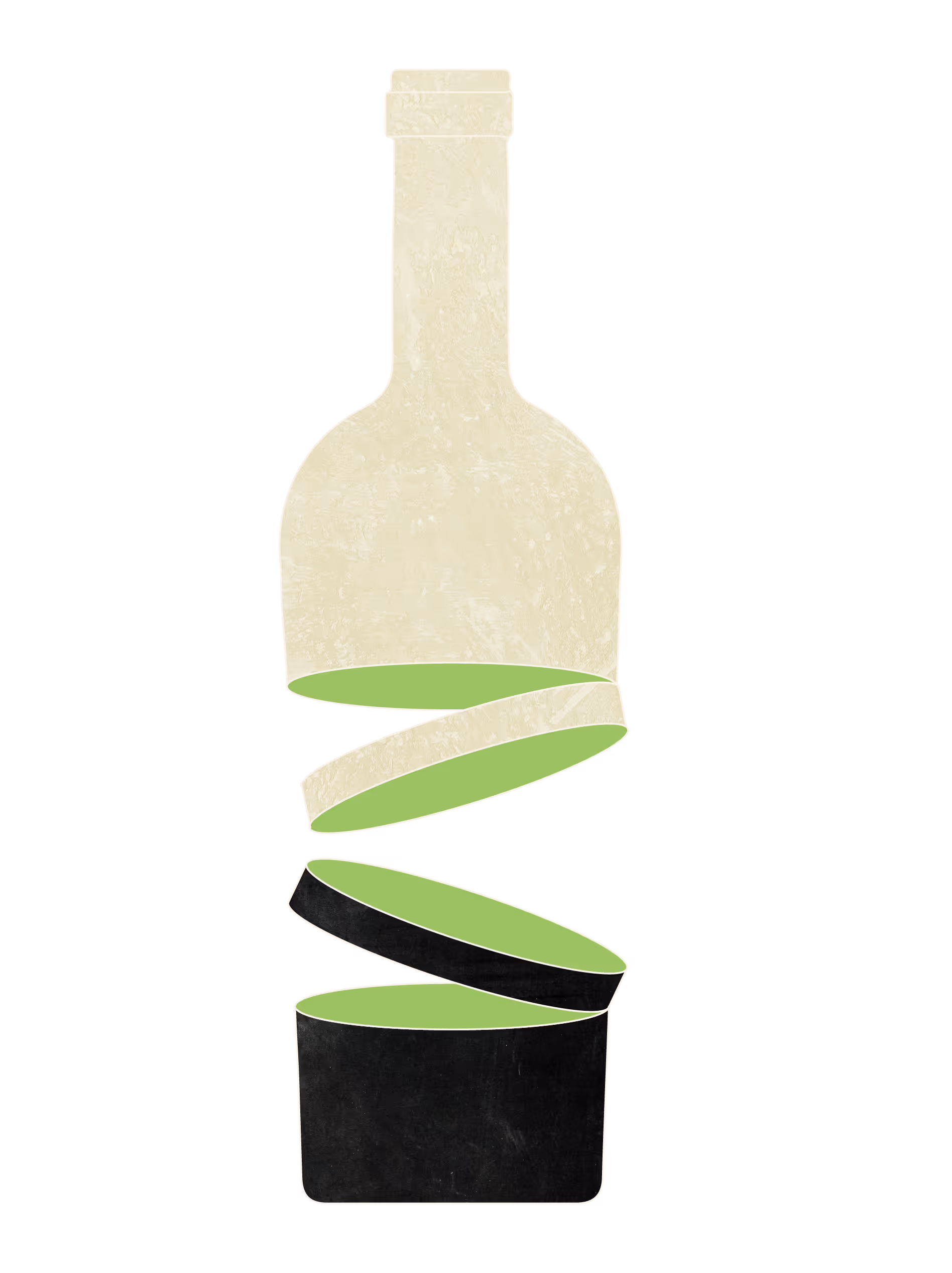 Abstract illustration of a bottle sliced into green and black sections floating in a spiral shape.