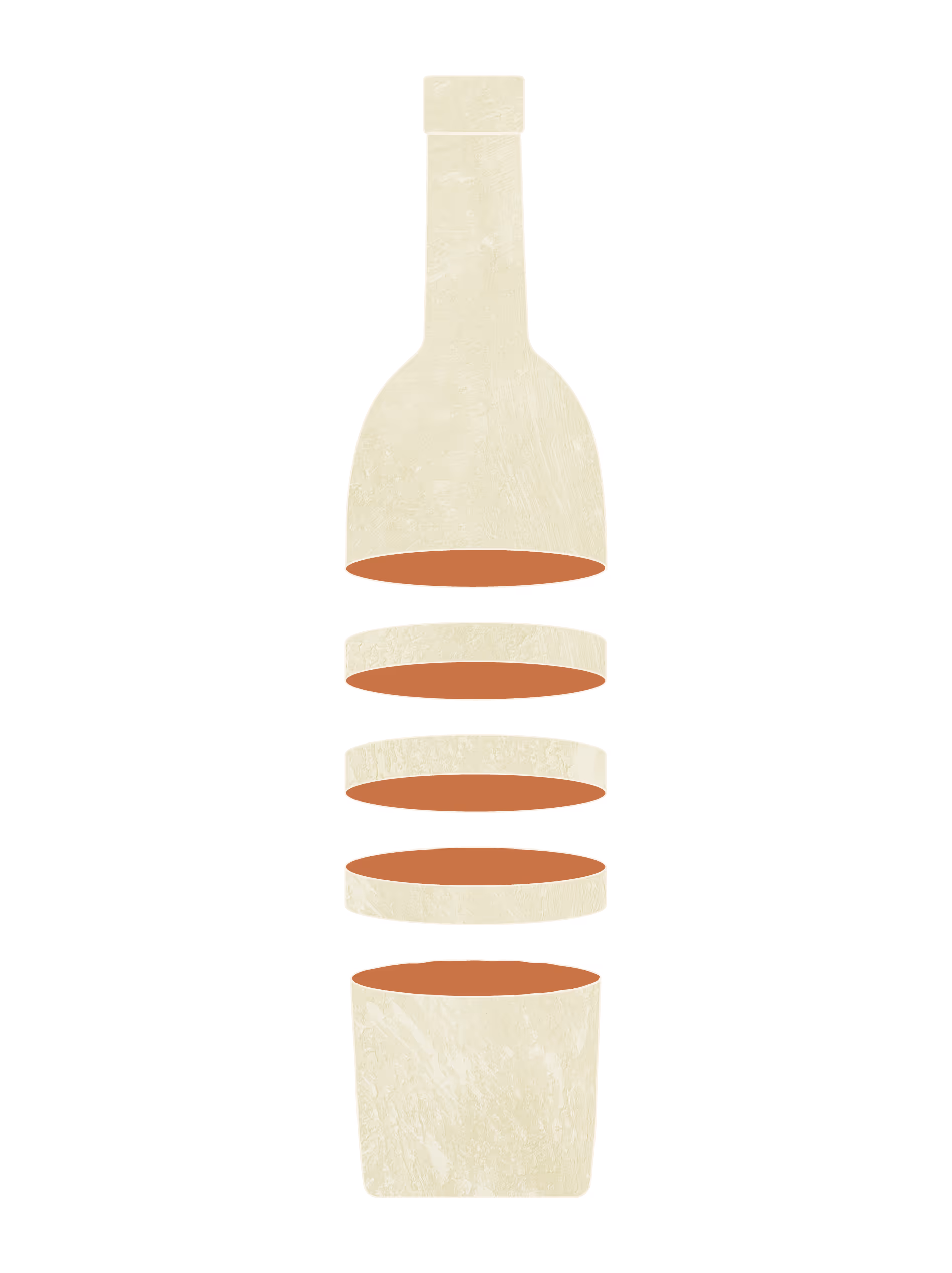 Minimalist illustration of a beige bottle disassembled into five horizontal segments showing the bottle shape layer by layer.
