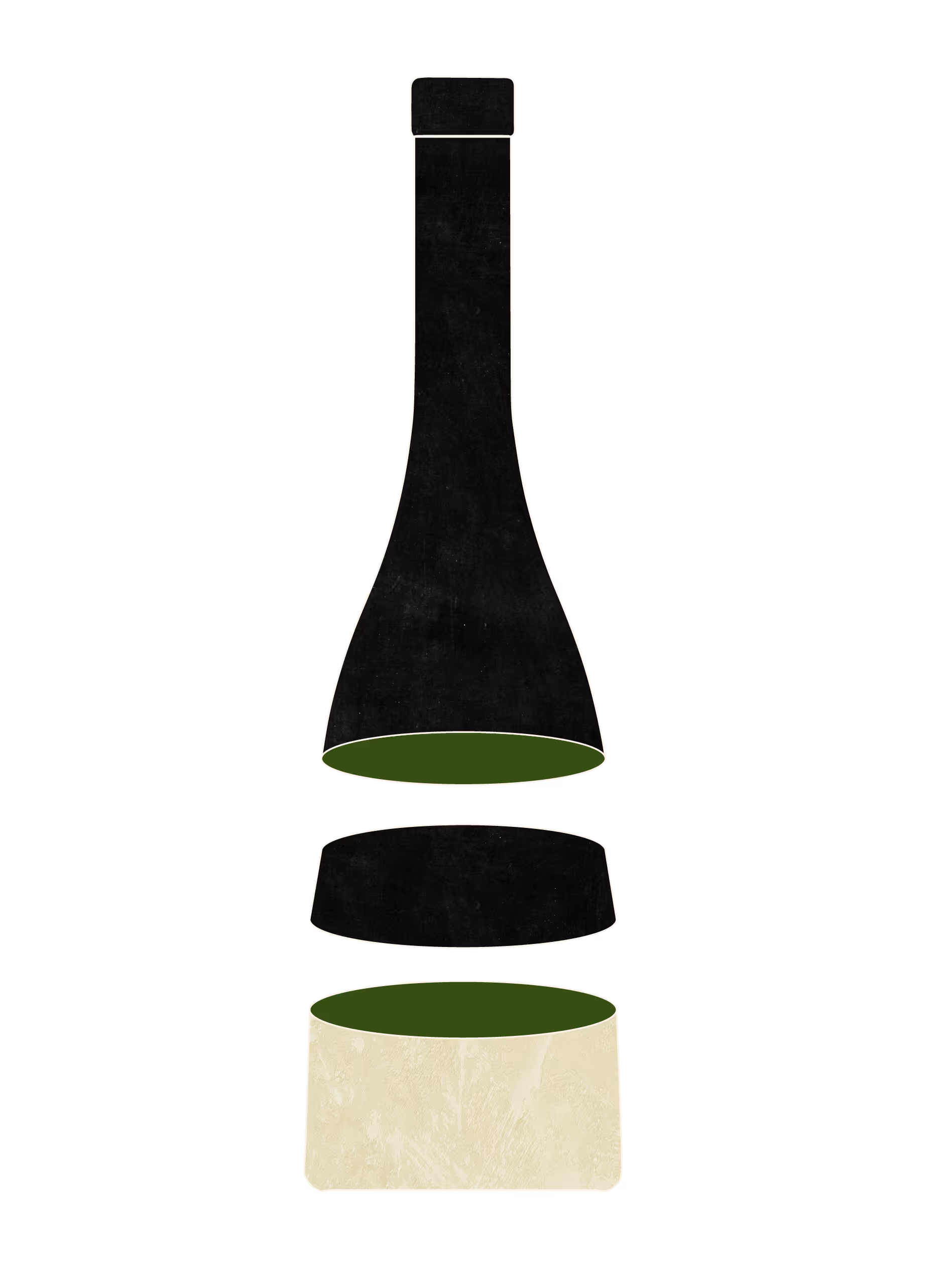 Minimalist illustration of a black bottle with its cap removed, showing a green interior and a beige base.