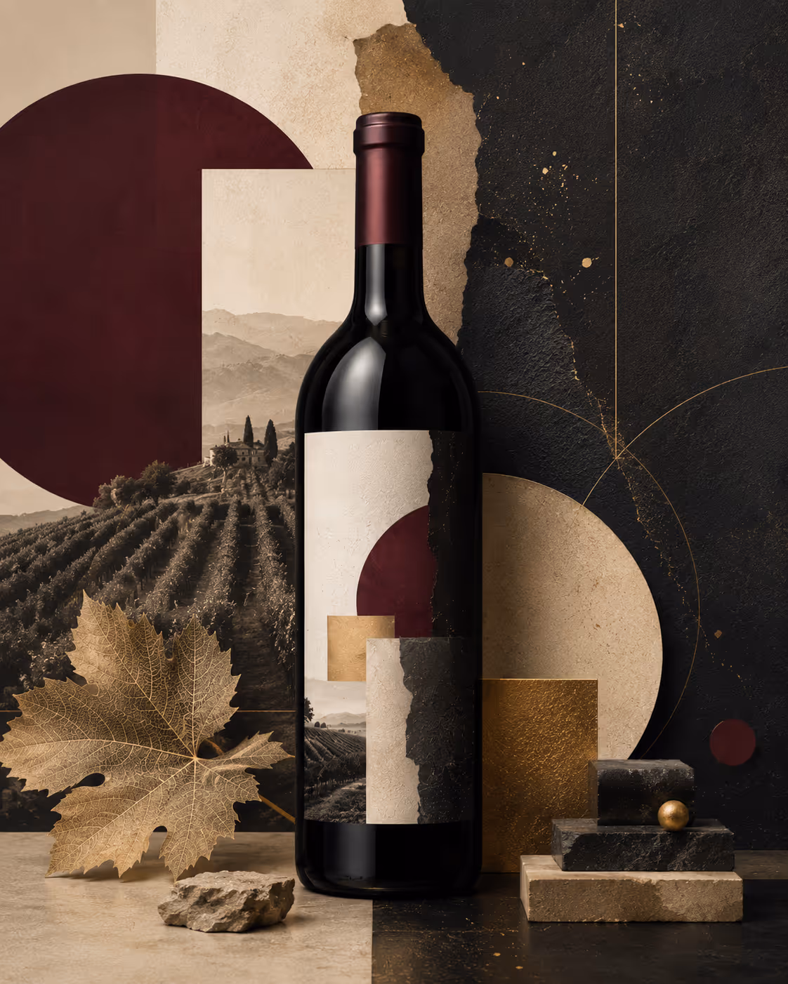 Wine bottle with artistic label surrounded by geometric shapes, a vine leaf, and vineyard landscape.