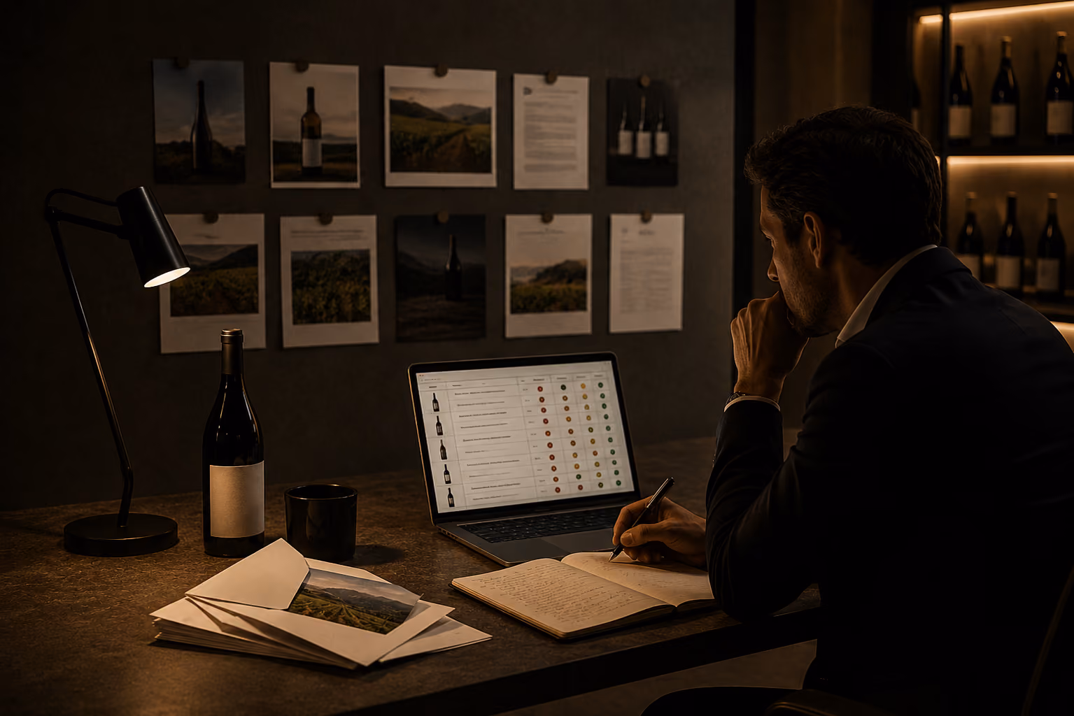 Man in suit writing in notebook at a desk with wine bottle, laptop, and photos on wall in dim light.