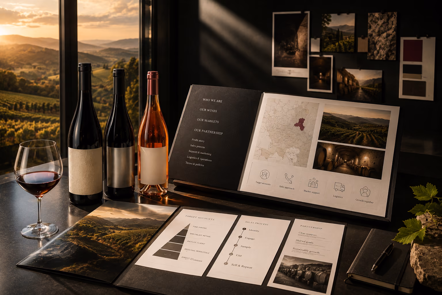 Wine bottles, a glass of red wine, and marketing materials on a table with vineyard landscape in the background.