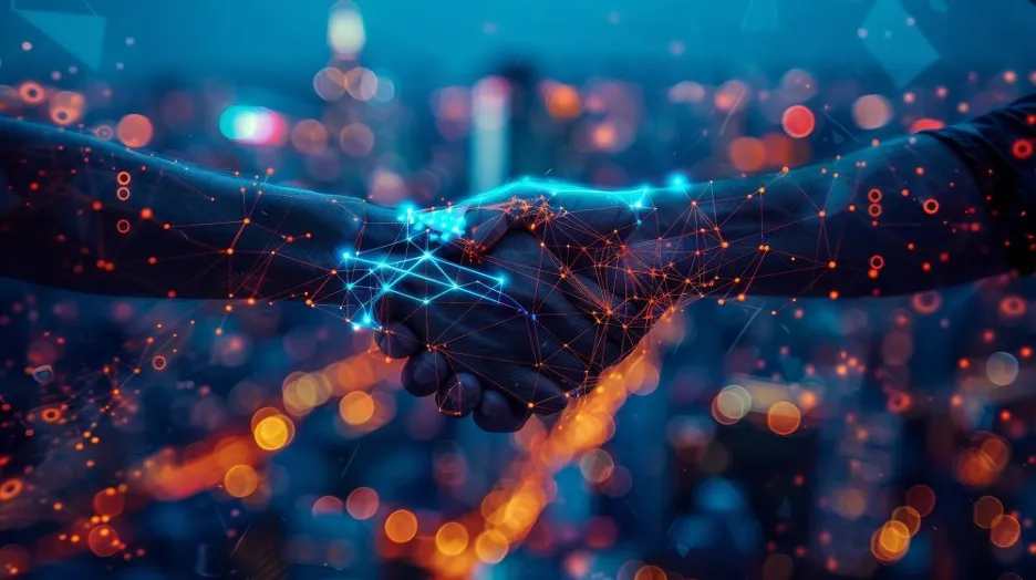 Two hands shing with optic line and points overlay on them