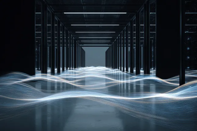 Data center hallway of server racks with abstract floating lines
