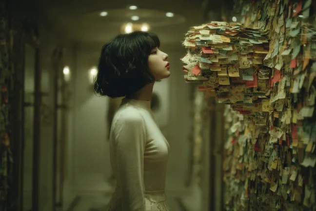 Girl staring at a human-shaped face made out of a wall of sticky notes