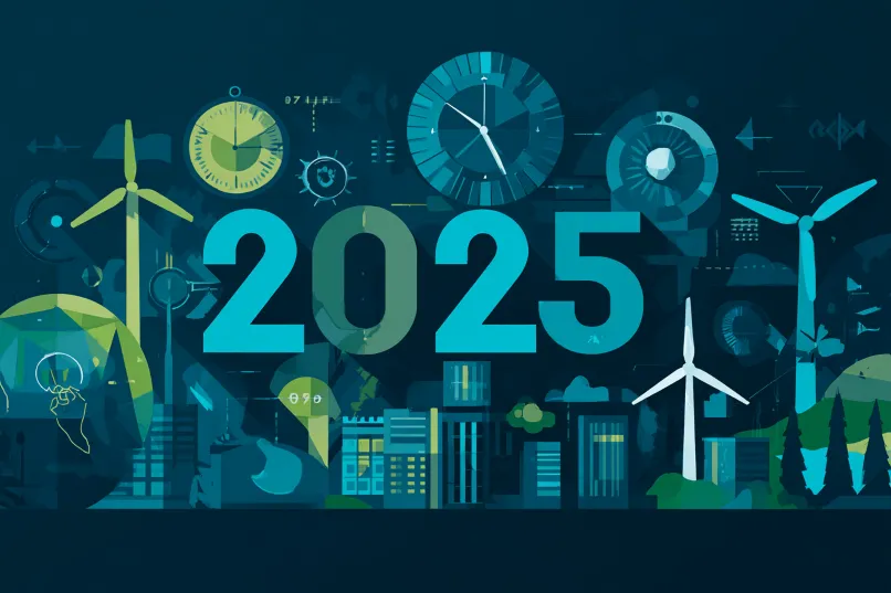 Abstract collage of windmills, clocks against a city landscape