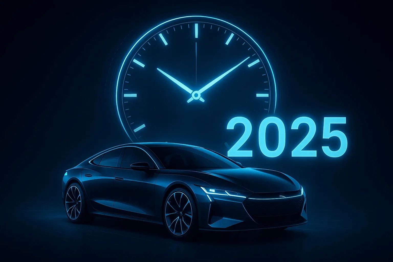 Glowing analog clock behind an electric car