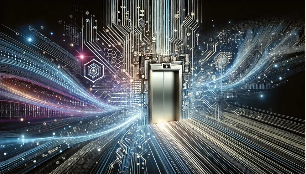 Futuristic looking elevator with circuits flowing to and from it