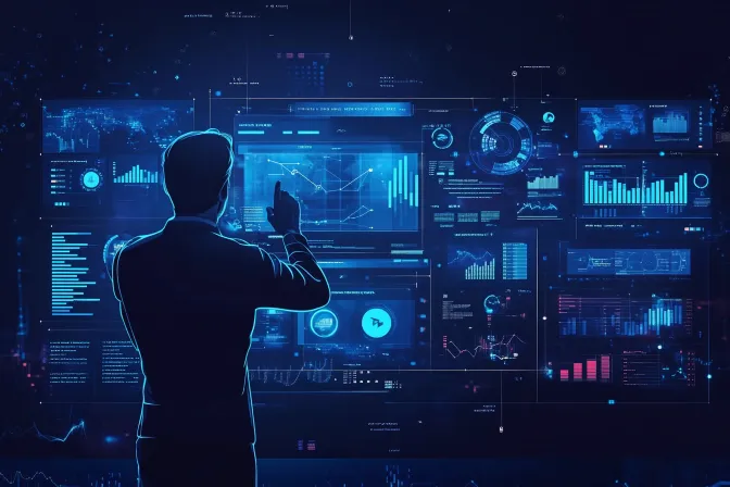 a person pointing and standing in front of a series of computer interface screens