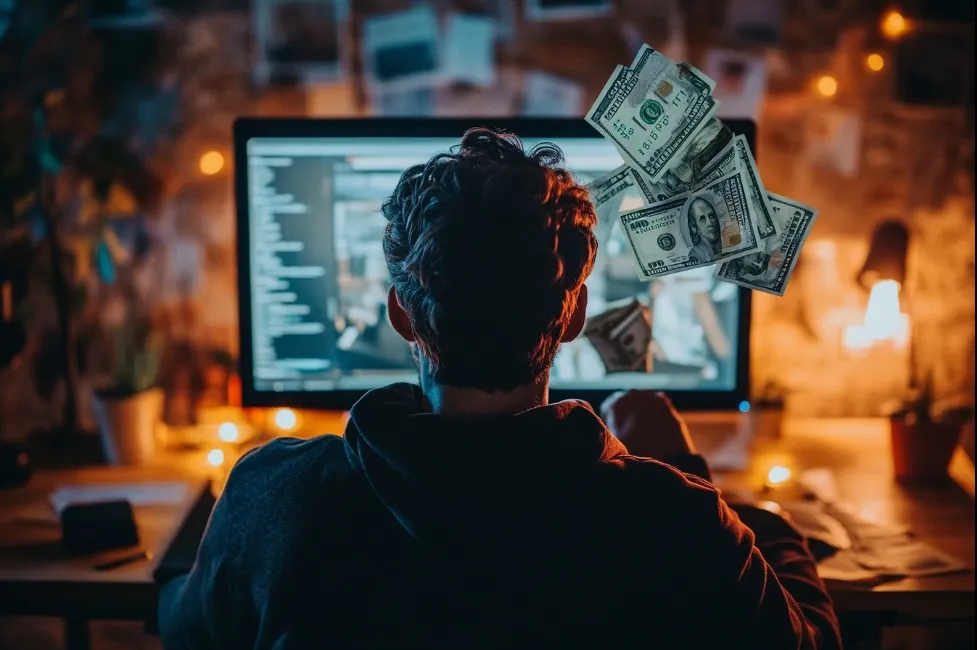 Person sitting in from of a computer screen from behind