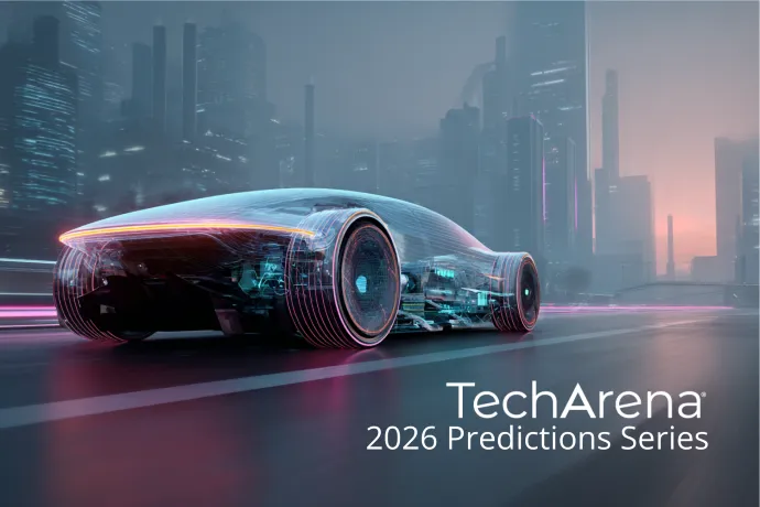 Futuristic car driving through a futuristic city