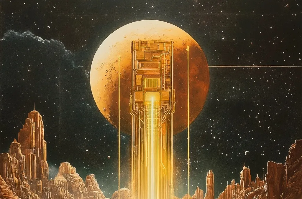 Yellow moon and stone buildings with computer circuit connecting to the moon