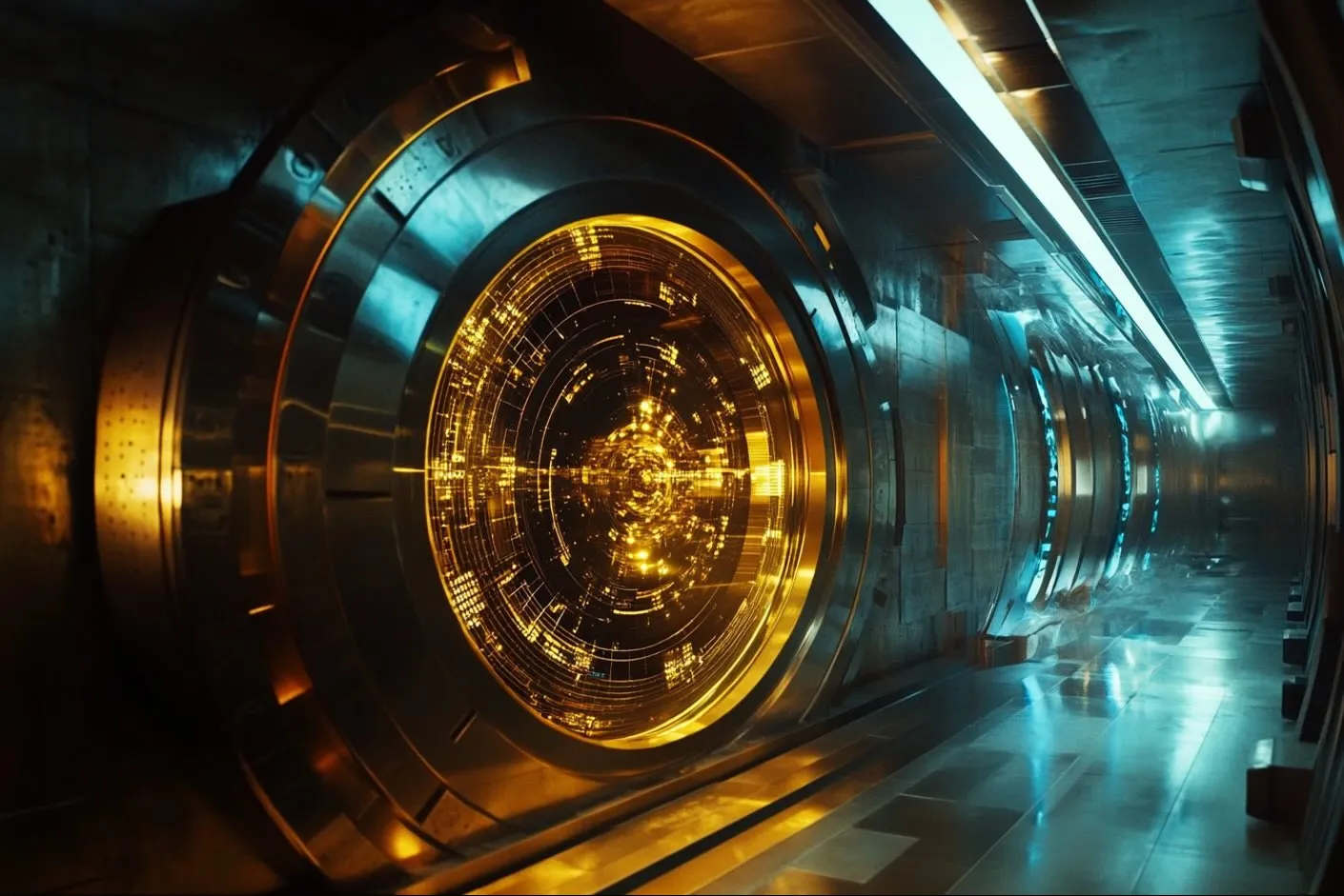 Cold metal and cement hallway with futuristic vault