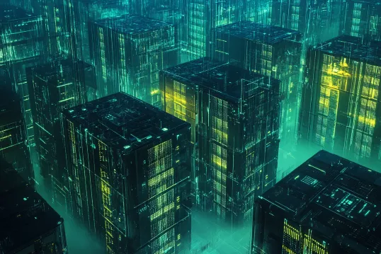 Sketch of glowing futuristic high rises peaking out from the fog 