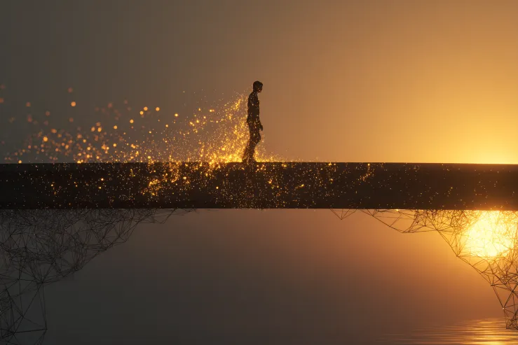 Person walking with orange particles coming off of them