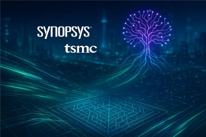 Processor in the center with light waves surrounding it creating neurons in the shape of a tree