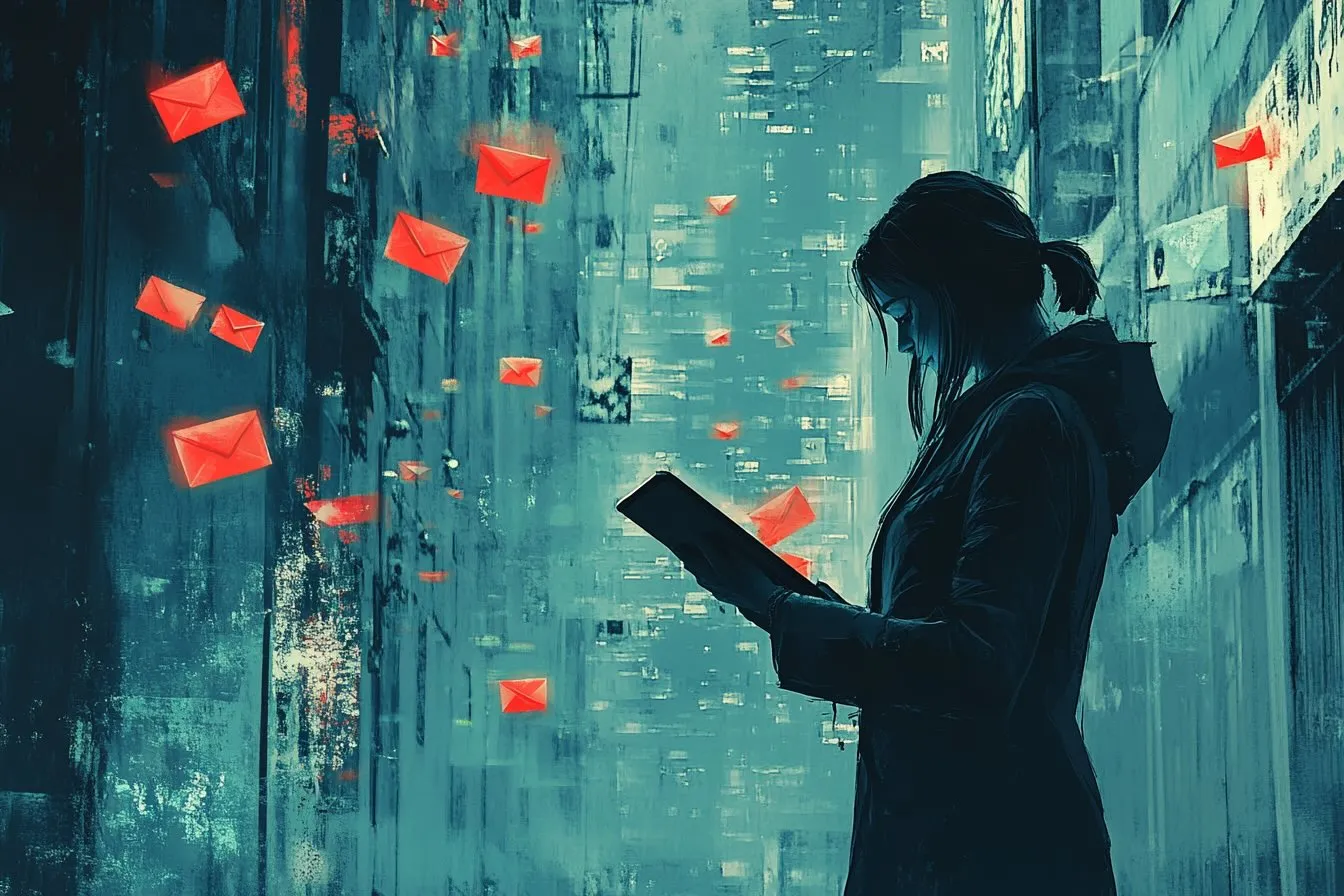 Woman looking at iPad with envelopes falling from the sky in front of her