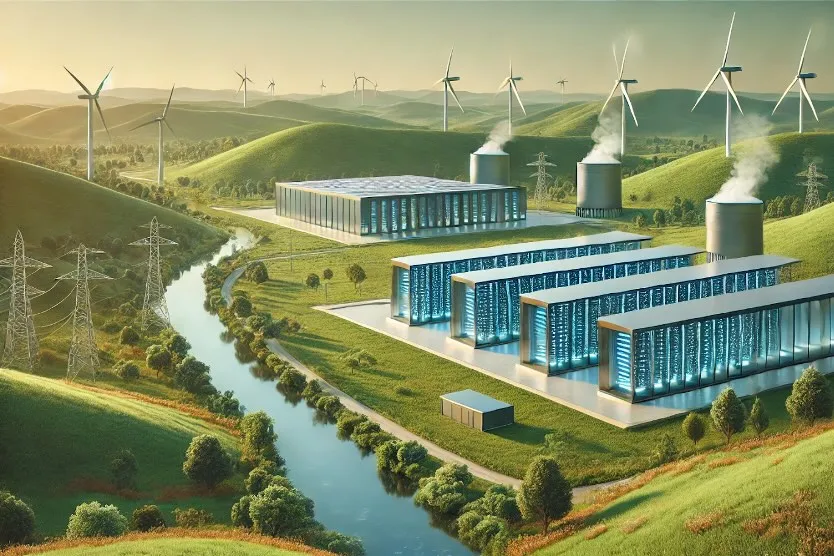 A large data center on a grassy field with hills and a river running through surrounded by windmills