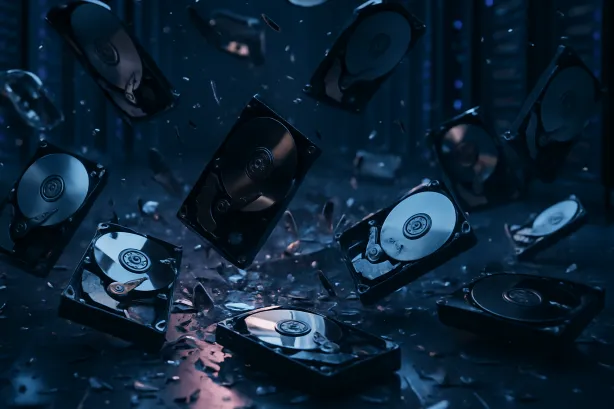 Hard drives falling and shattering in a dark blue environment