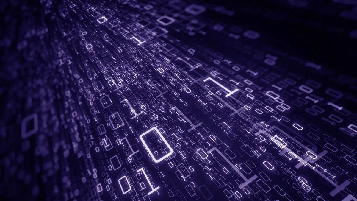 Abstract digital data flow with glowing geometric shapes and code-like patterns