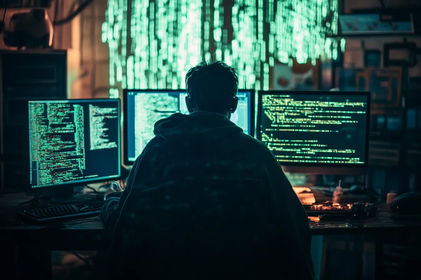 A hacker sitting at a desk with three monitors with blurred code on the screens