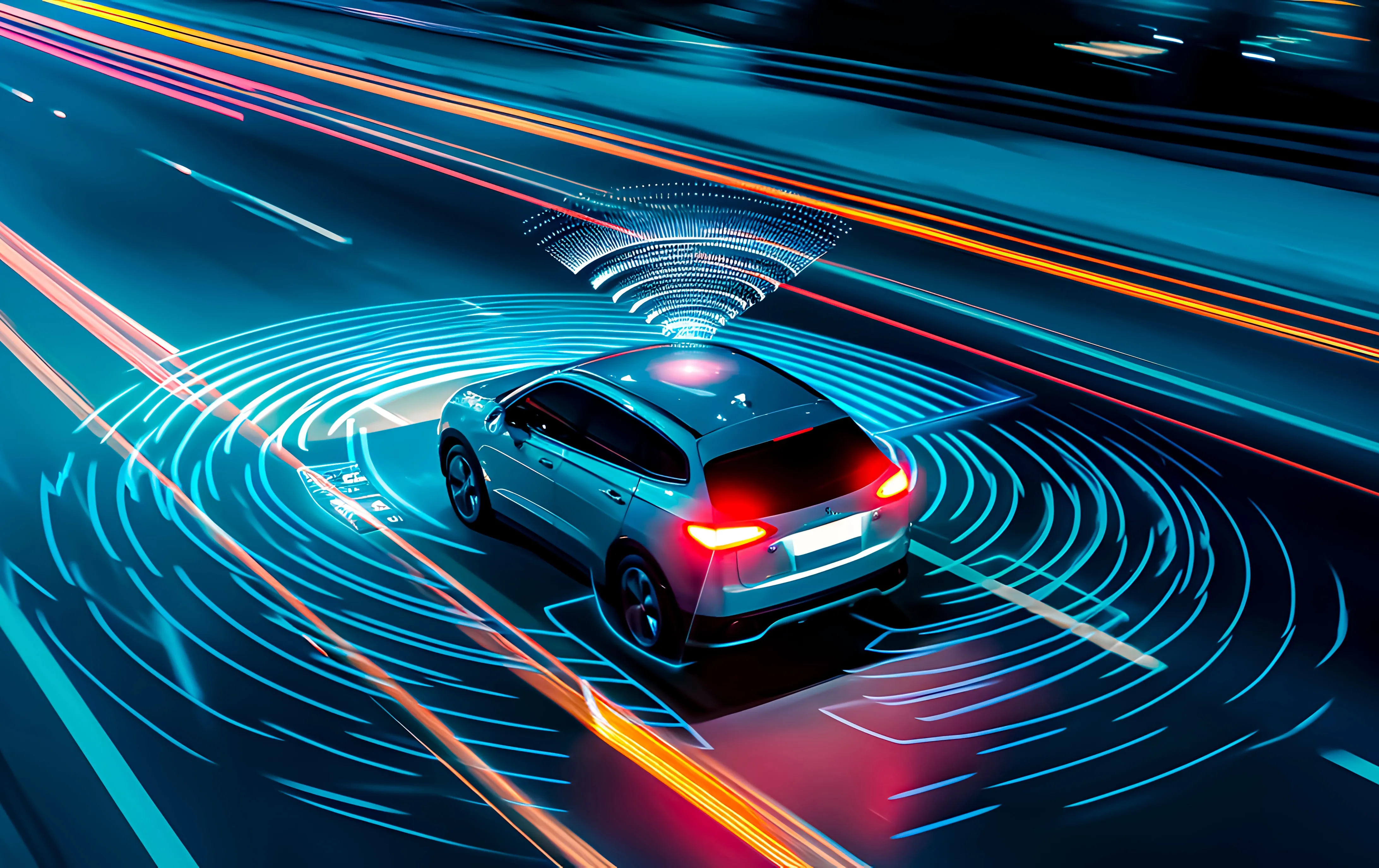 Car on road with light rays surrounding it to portray AI-activity within the car