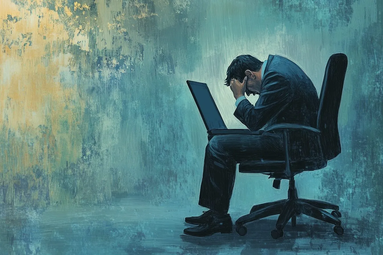 Man with head in hands in office chair with laptop on lap