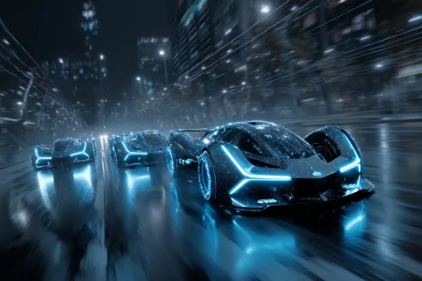 Three futuristic cars racing through a city