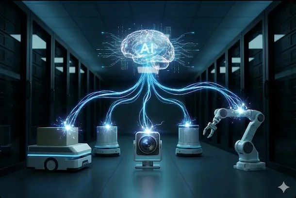 Robots and machines interconnected by a singular brain representing AI