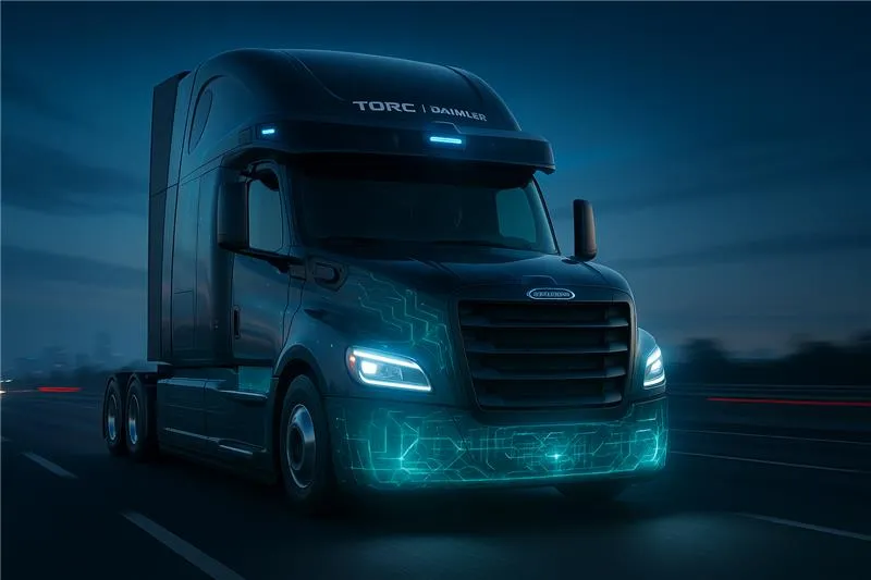 Semi Truck in the night with glowing blue headlights