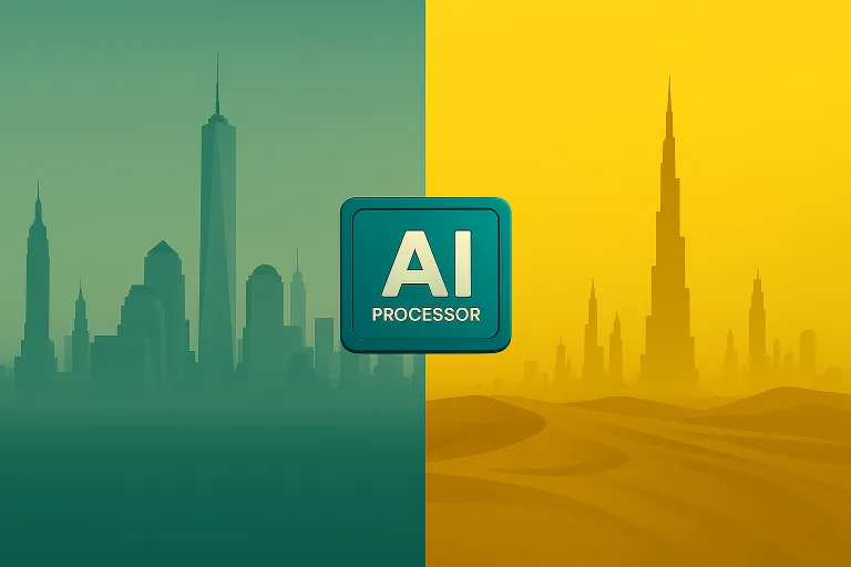 illustration of two city skylines and Ai in the center