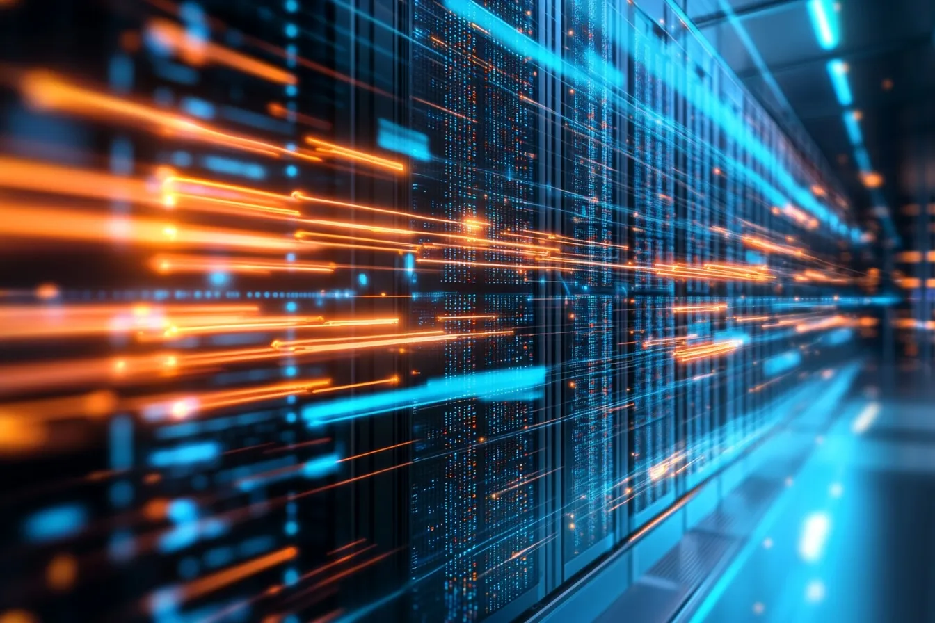 Data center with glowing orange and blue
