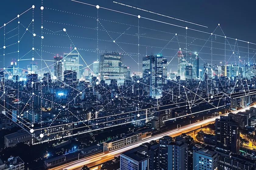 City Skyline with a layer of circuit point over it