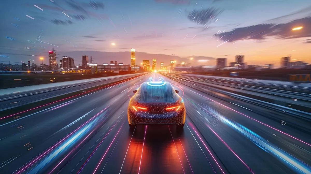 Futuristic car speeding down the road
