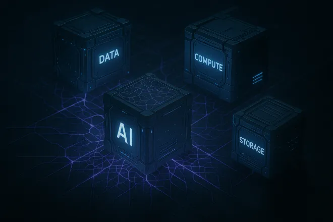 Boxes with the words Data, Ai, Compute and stoarge