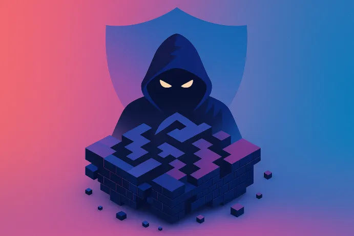 Illustration of cloaked man with yellow eyes hovering over a building that is crumbling