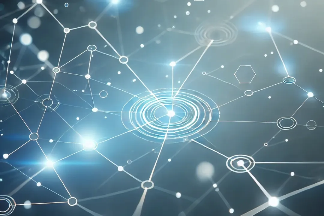 White particles and lines on a blue background