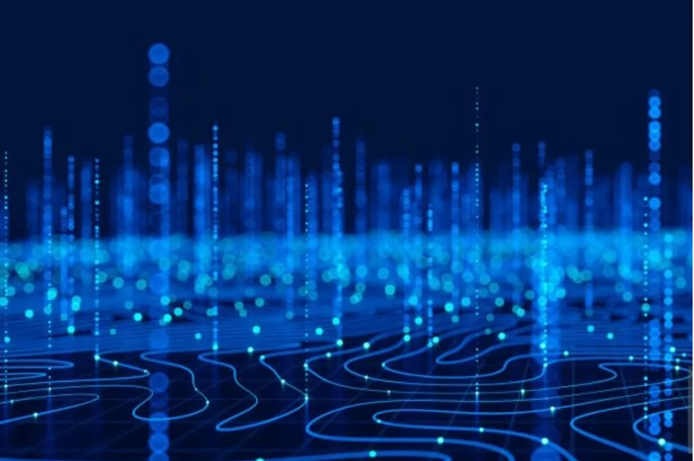 Stylized blue lines looking like they are dancing on a circuit board