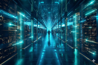 Man walking down a blue and red glowing data center hallway