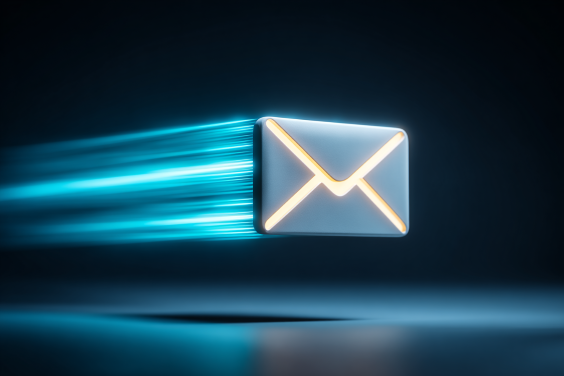 A glowing 3D email envelope icon moving rapidly from left to right against a deep indigo background, cyan motion blur light trails streaming behind it, luminous binary digits 1s and 0s scattering and falling from the left edge of the envelope as it moves, gold-ochre glowing seams on the envelope, dark tech aesthetic.