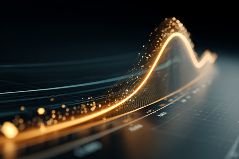 Top-down overhead view of a sleek dark dashboard surface, a clearly defined benchmark performance curve plotted as a bold sweeping luminous line rising steeply from left to right, bright glowing data points marked at key intervals along the curve, thin axis lines forming a precise x/y grid on a deep navy background, secondary teal comparison traces running parallel below the main curve, subtle light grid suggesting scale and measurement, studio lighting casting a soft glow across the reflective surface beneath, airy open composition with clean negative space, sense of upward momentum and velocity, photorealistic render.