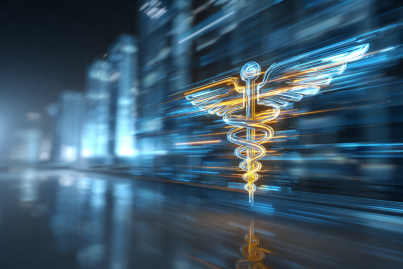 Caduceus symbol with timeline visualization morphing from slow paperwork stacks into instant digital approvals, patient care accelerated, motion blur showing speed, modern healthcare environment, hopeful tone. 