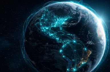 A high-tech digital twin of Earth glowing with intricate data overlays, neural network connections weaving through infrastructure and weather patterns.