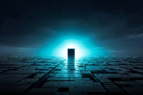 A landscape composition showing a vast, dark, geometric expanse of 3nm silicon circuitry, resembling an architectural cityscape view from above. In the center, a single square monument, representing the Arm AGI CPU, rises above the grid, illuminated by a warm, golden sunrise. Represents Arm's new dominance in silicon. Futuristic, epic, clean composition, architectural photography style