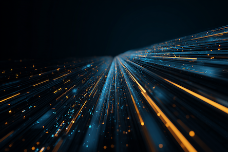 A single massive glowing data structure rising from darkness, geometric and modular, deep navy and electric blue tones, dramatic upward perspective