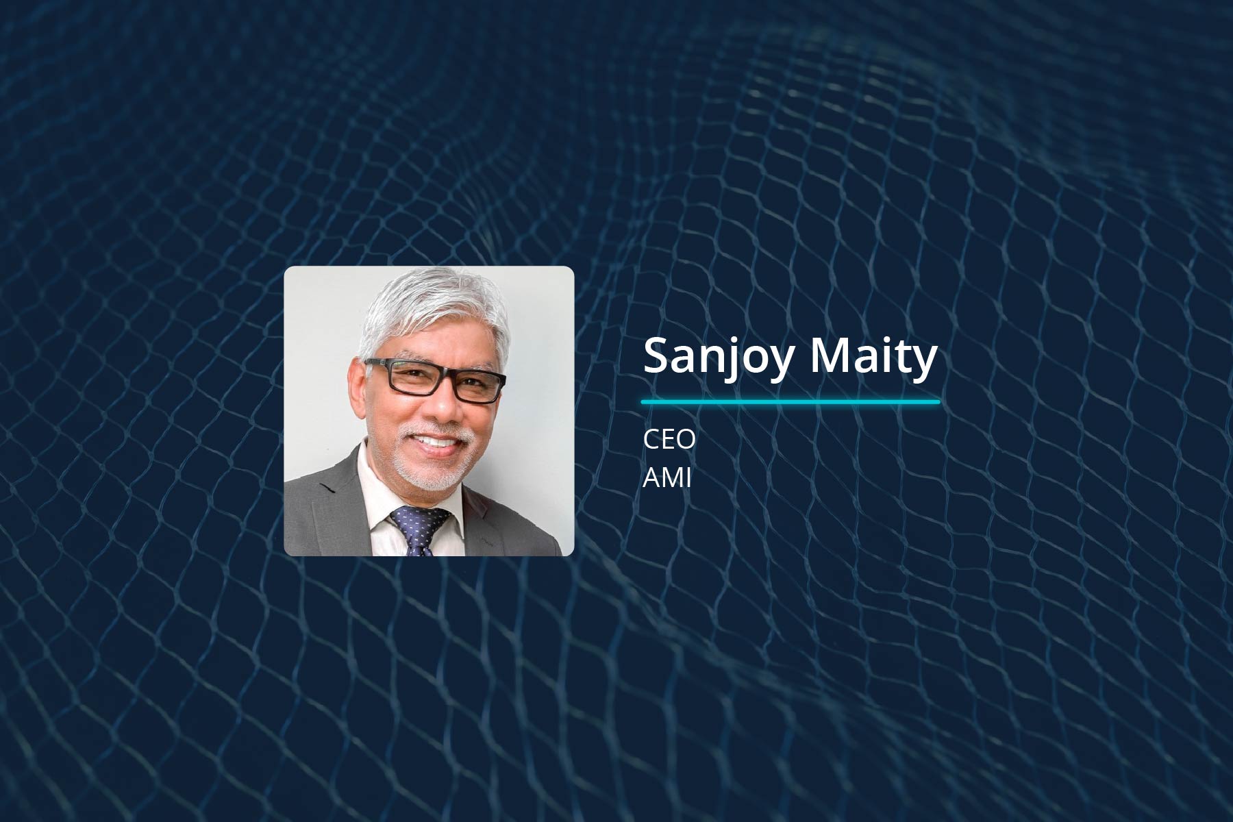 AMI CEO Sanjoy Maity on a blue background for TechArena's In the Arena podcast
